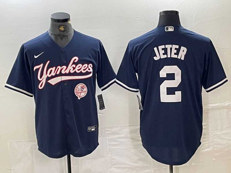 Mens New York Yankees #2 Derek Jeter Navy With Patch Cool Base Stitched Baseball Jersey->new york yankees->MLB Jersey